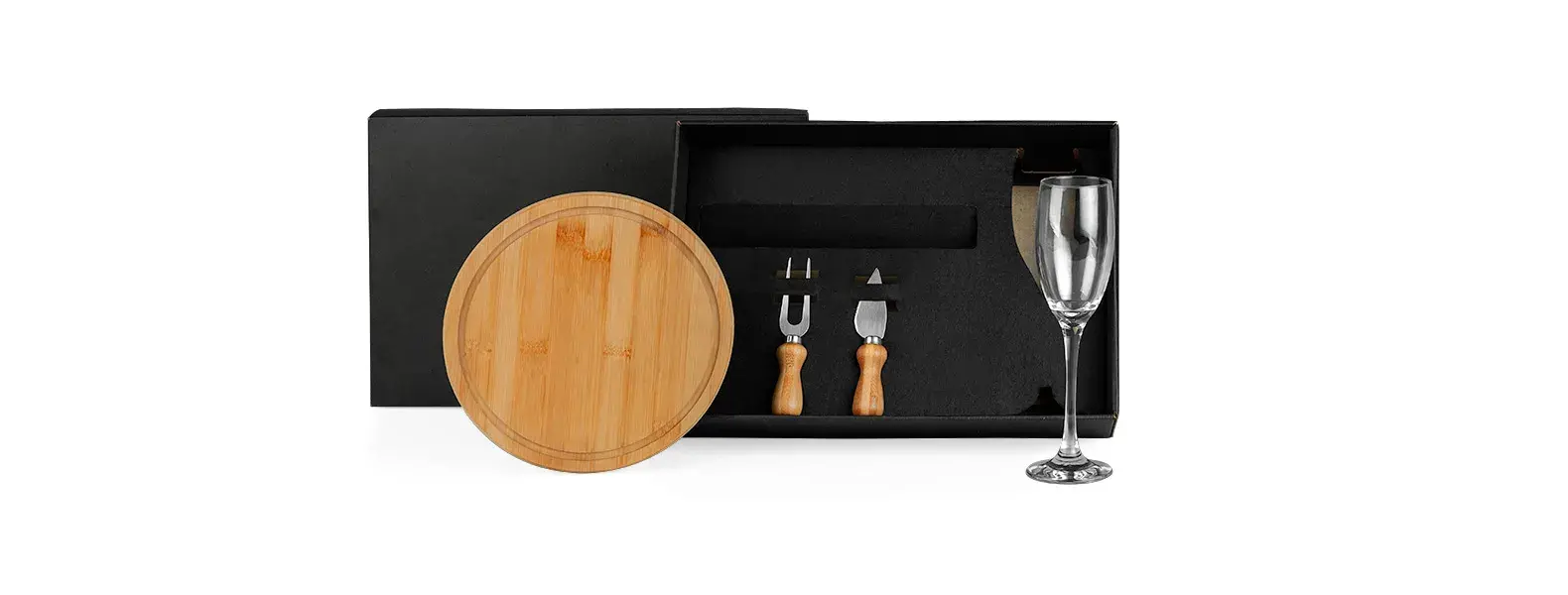 CONJ. PARA QUEIJO EM BAMBU C/ TAÇA P/ CHAMPAGNE - 4 PEÇAS